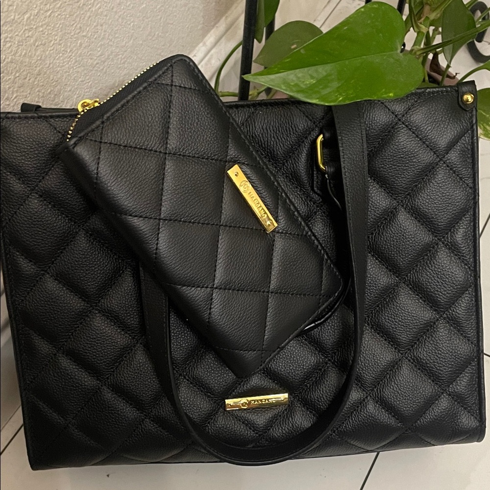 Joy Mongano Black leather Quilted Tote Bag with Matching Wallet